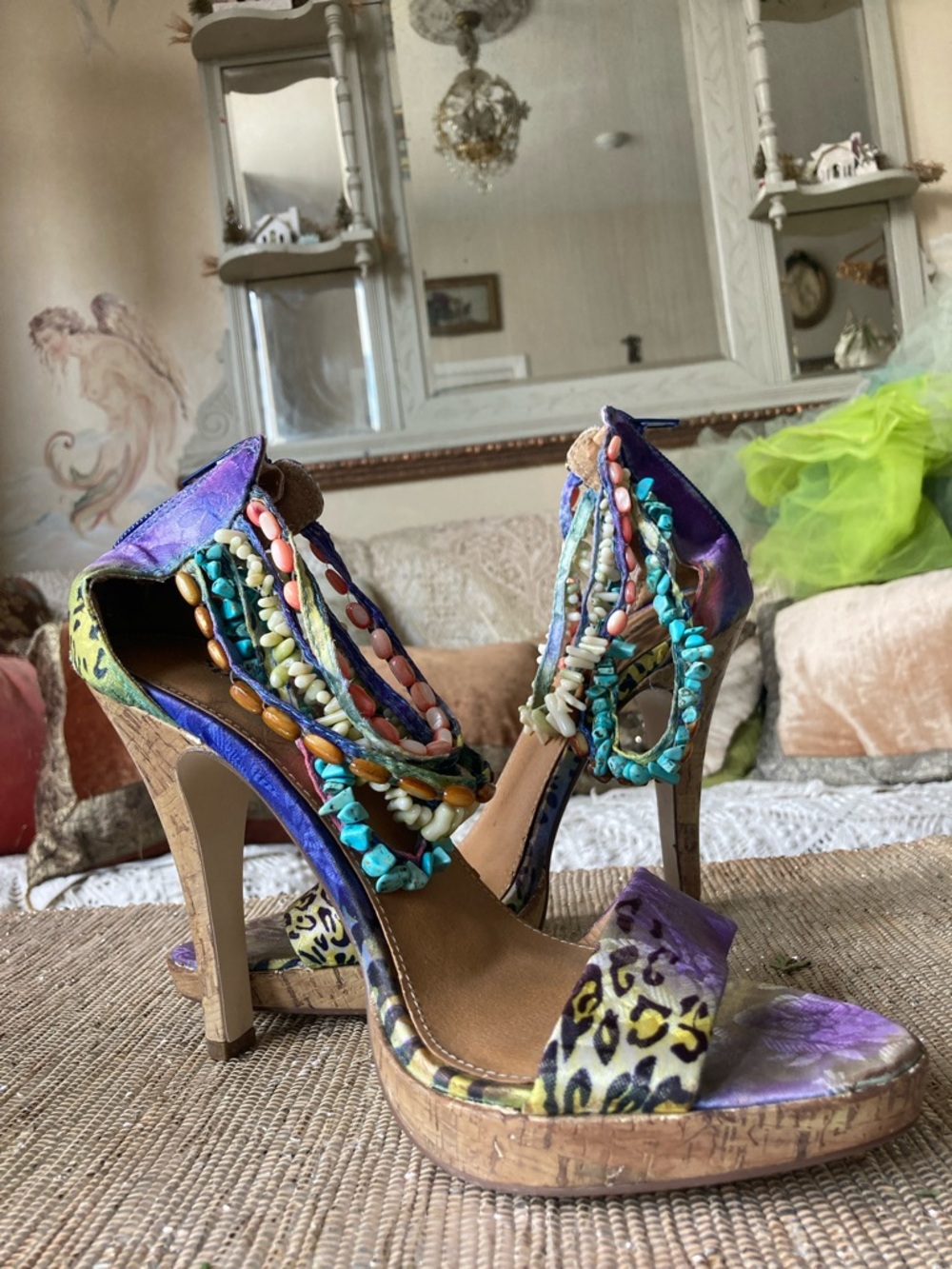 Beaded Multi-Color Leopard Print High Heel Sandals